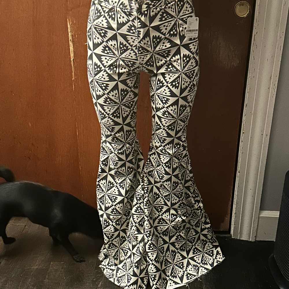 Free People Black and White Geometric Flare Jeans